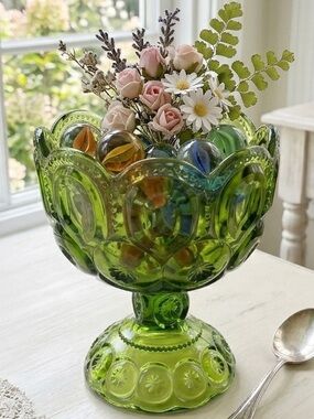 L.E. Smith Moon and Stars Green Glass Candy Compote Dish Goblet Scalloped MCM